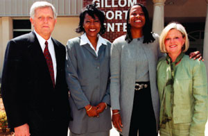 O Happy Day! The Dedication of the Gillom Sports Center in 2000 was a celebration! Pictured are Chancellor Robert Khayat, Peggie, her sister Jennifer, and former Oxford mayor Pat Lamar.