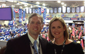 Jason and Laurie at “Spin Alley” and the media filing center at the 2012 Lynn University Debate.