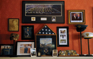 Nancy’s collection of family military awards and news stories is prominently displayed in the gathering room of her Columbus home.