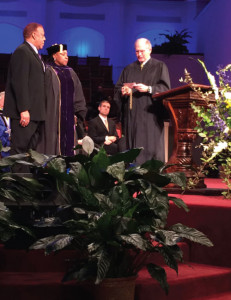 Dean Scott, center, is installed as the eighth Dean of the Mississippi College School of Law.
