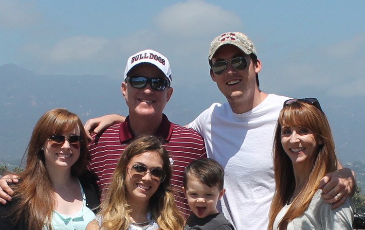 Enjoying the California sunshine with Ben: Daughter, Meredith; daughter-in-law, Bridgette; grandson, Ben; son, Adam; and Kim.