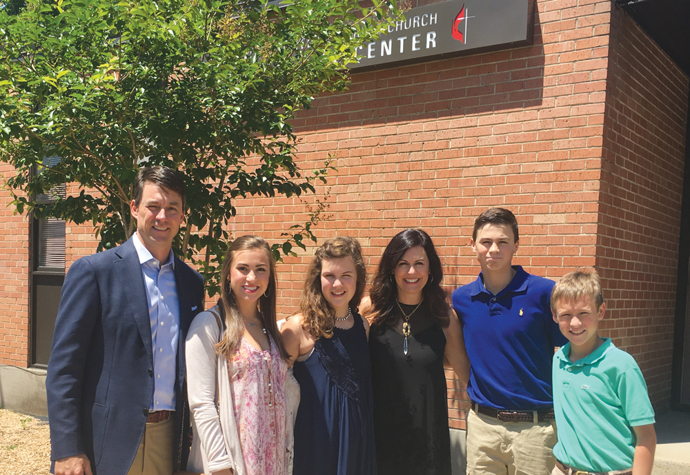 The Johnstons celebrate the newly renovated Central United Methodist’s Community Center. (L to R) Stephen, Mary Hunter, Isabelle, Melissa, Bennett, and Charlie.