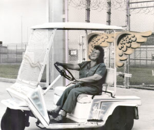 “Soul Patrol” retrofitted golf cart made by prisoners for Chaplain Hatcher to ride around the prison grounds. Photo by Wendy K. Leigh
